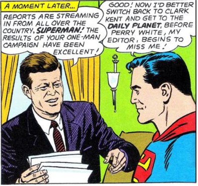 Superman insieme al Presidente Kennedy in un fumetto disegnato da Al Plastino