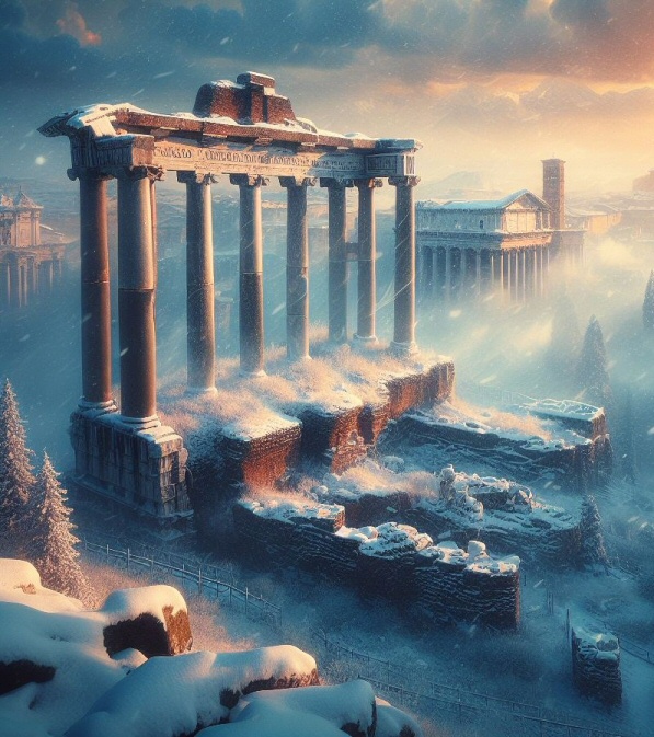 Le rovine del Foro Romano sotto le nevi della Glaciazione di Sant'Antonio (immagine realizzata con Bing Image Creator)