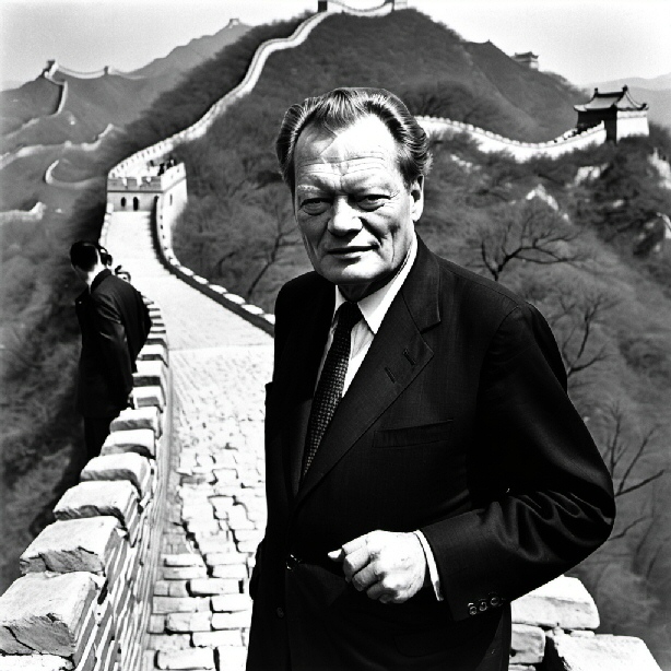 Il Cancelliere della RFE Willy Brandt sulla Grande Muraglia Romana, foto del 1970 (creata con openart.ai)