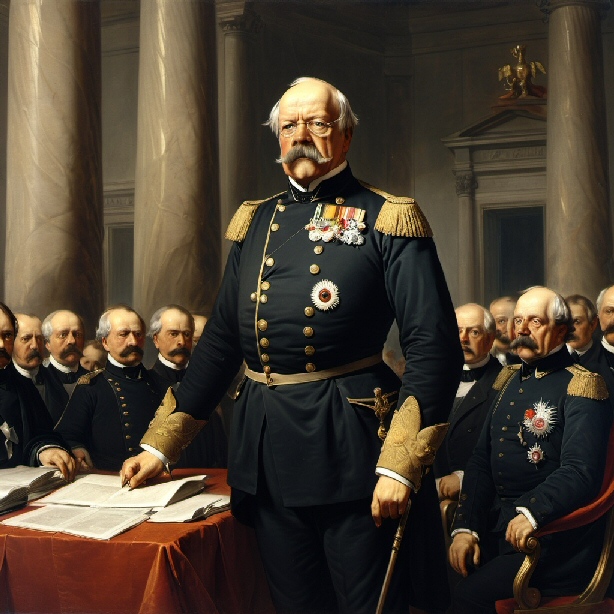 Il Cancelliere Otto von Bismarck davanti al Senato di Roma (creata con openart.ai)