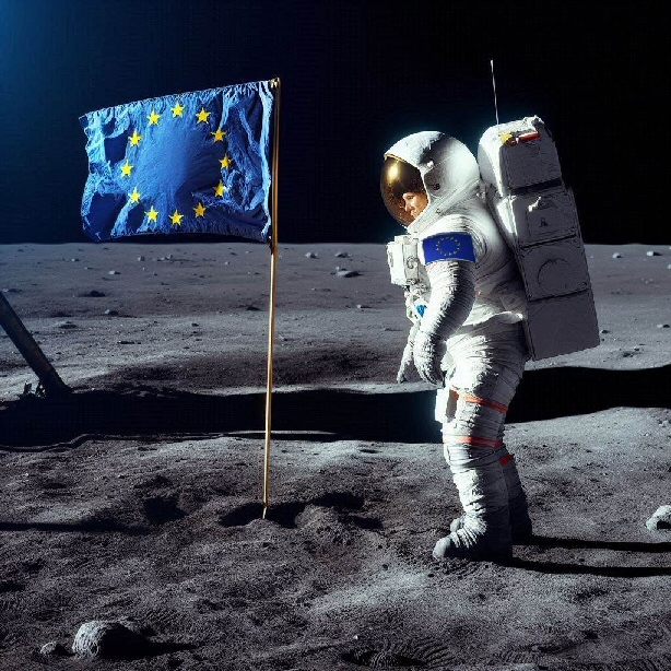 Samantha Cristoforetti pianta la bandiera europea sulla Luna (creata con BING)