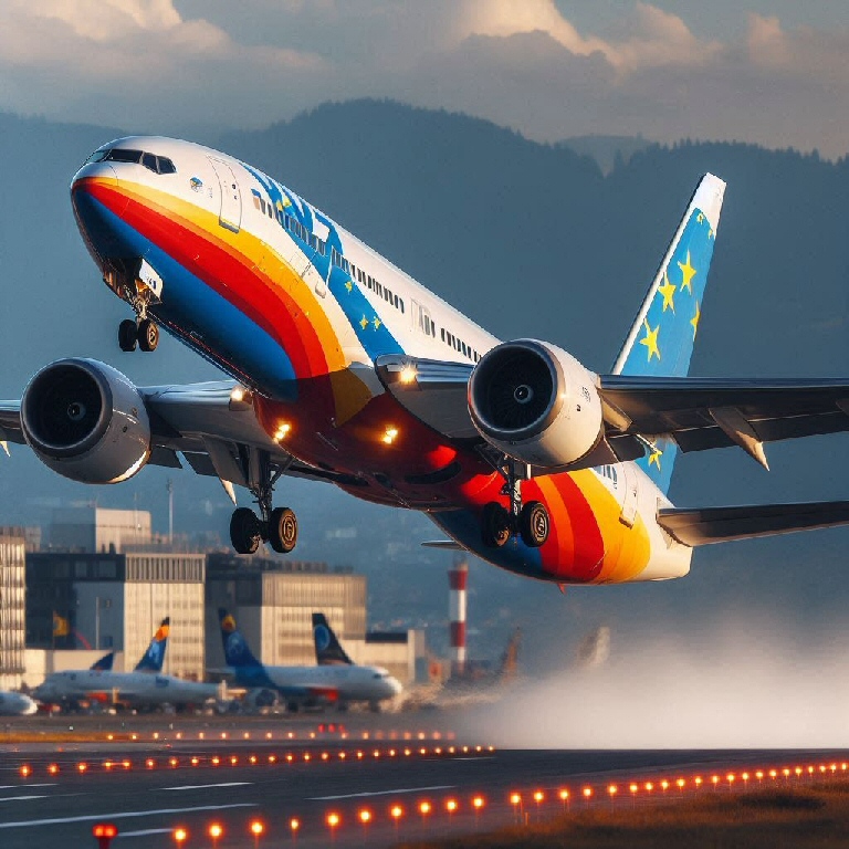 Foto di un aereo di linea della Compagnia Aerea Europea che decolla (creata con BING)