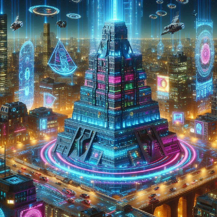 La Torre di Babele in versione cyberpunk (creata con BING)