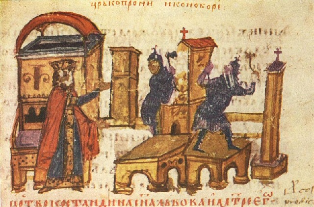 Costantino V l'Ittita ordina la distruzione delle chiese cristiane, miniatura del XIV secolo