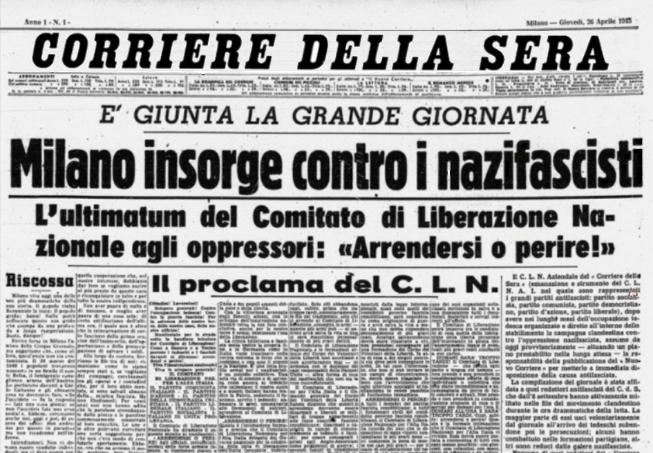 La prima pagina del "Corriere della Sera" del 26 aprile 1945