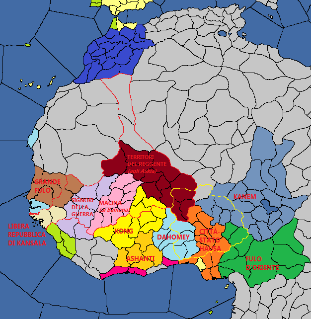 L'Africa Occidentale dopo il crollo del regime di reggenza; in rosso, i confini dell'antico impero; in giallo, quelli dello scomparso regno di Amina, la regina guerriera di Zazzau