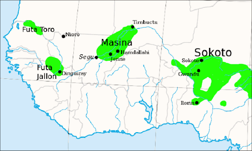 Aree di insediamento dei Fulani fra il XV e il XVIII secolo