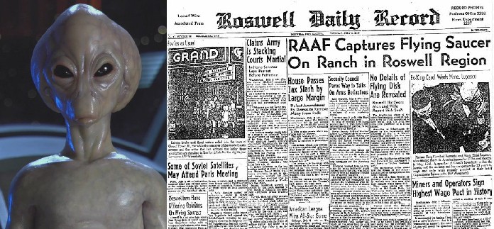 A sinistra: Mestral, l'esploratore Asgard che si schiant a Roswell nel 1947. A destra: la notizia su un giornale locale