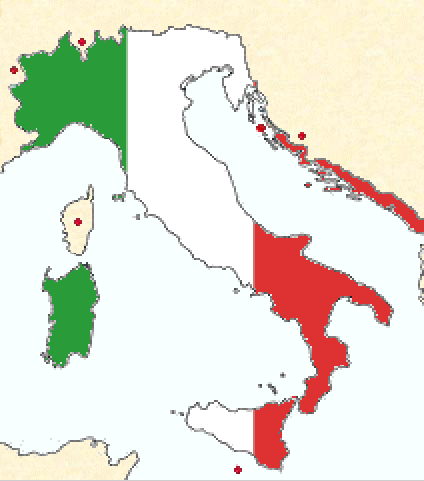 L'Italia nel 1919 (sono indicate con punti rossi le "terre irredente")