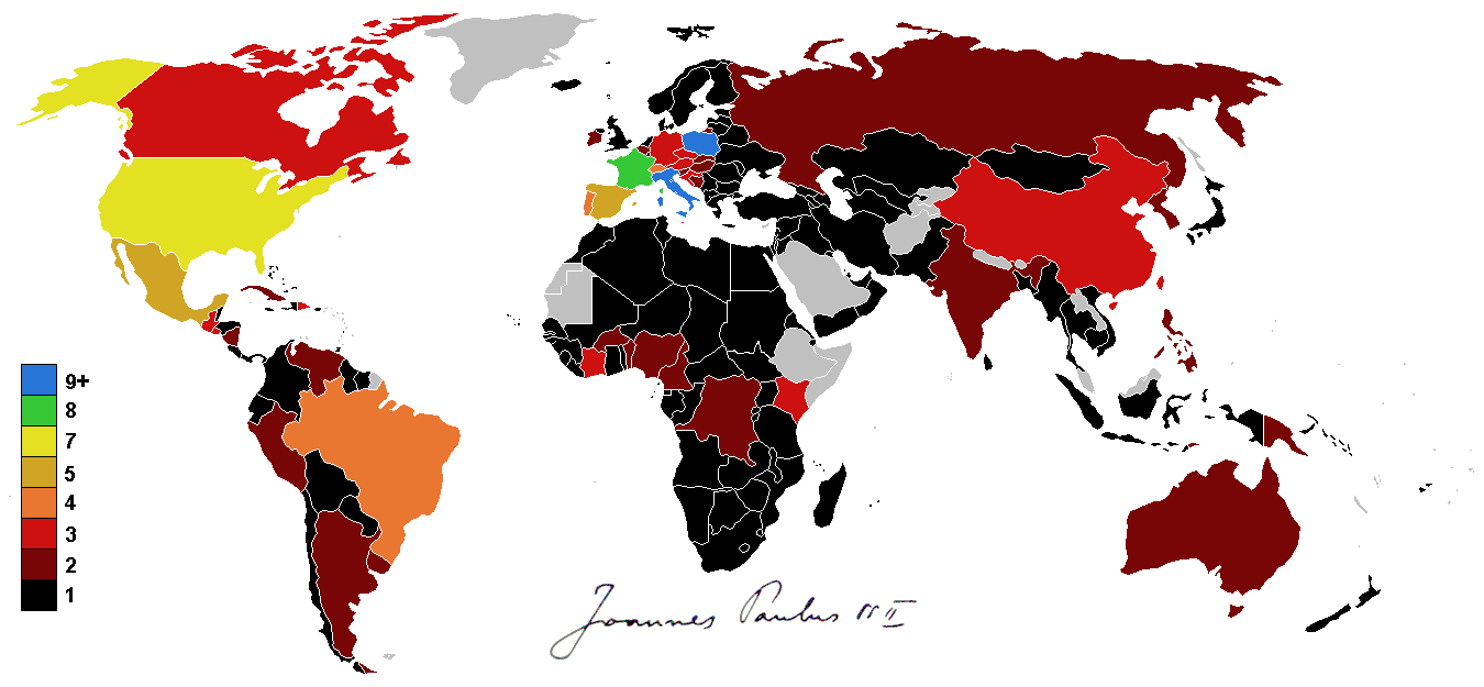 Mappa dei paesi visitati da un sopravvissuto e in salute Giovanni Paolo II