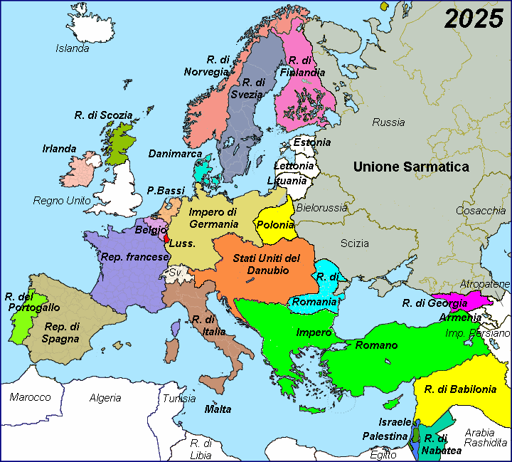 Gli Stati Uniti d'Europa nel 2025 (in grasseto gli stati membri e i candidati all'adesione)