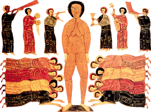 Il popolo di Babilonia adora la statua fatta erigere da Nabucodonosor, miniatura mozarabica, secolo X, Madrid, Biblioteca Nazionale