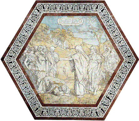 Domenico Beccafumi, Il re Acab si umilia davanti ad Elia, intarsio in marmo sul pavimeno del Duomo di Siena