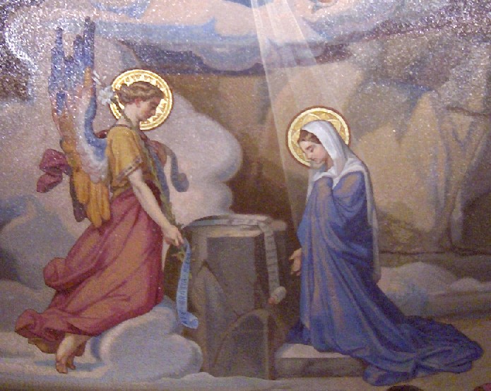 M. Doze, "L'angelo Gabriele porta l'annuncio a Maria", Lourdes, Basilica del Rosario, 1896 (foto dell'autore di questo sito)