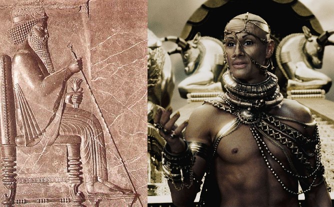 Il vero re Serse in un bassorilievo persiano (a sinistra) confrontato con l'improbabile personaggio del famoso film "300" (2007) di Zack Snyder, interpretato dall'attore brasiliano Rodrigo Santoro (a destra)