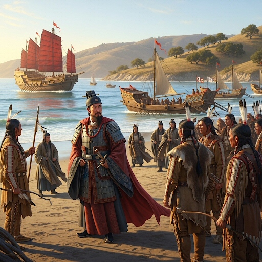 Zheng He sbarca in California ed incontra i Nativi Americani (creata con Gemini)